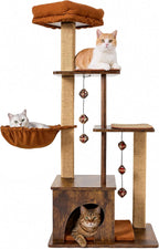 FUKUMARU Retro-Modern Cat Tree, 4 in 1 Large Cat Tower with Hammock & Condo