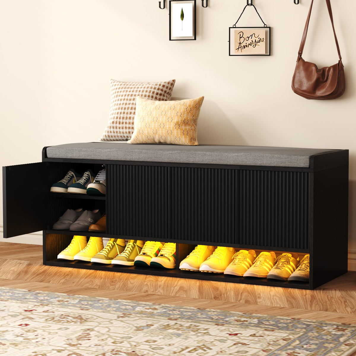 HOMEFORT 39.4" Fluted Shoe Storage Bench, Entryway Bench with Linen Seat Cushion, Shoe Cabinet Bench with Adjustable Shelf and Built-in LED Sensor Light, Bench for Bedroom End of Bed,Walnut