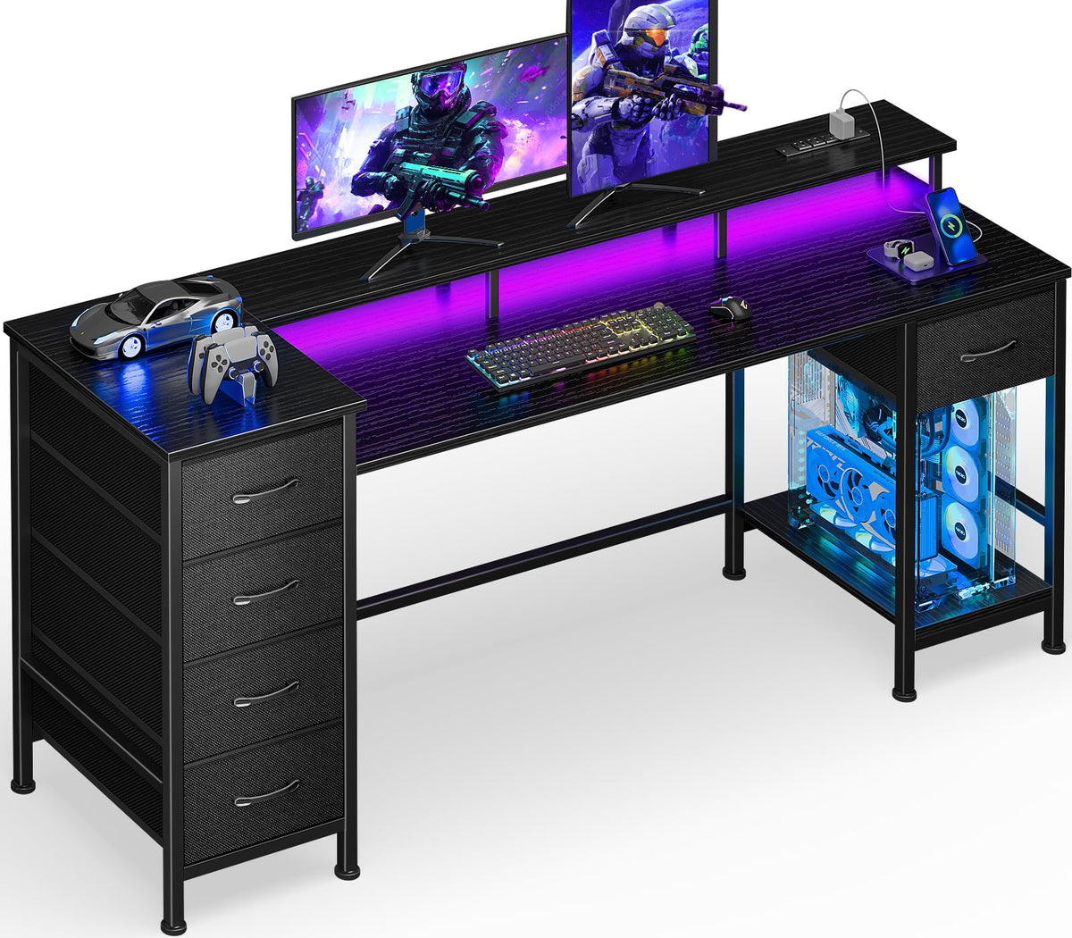Korfile 47 Inch Gaming Computer Desk with Power Outlets,LED,5 Drawers,Black