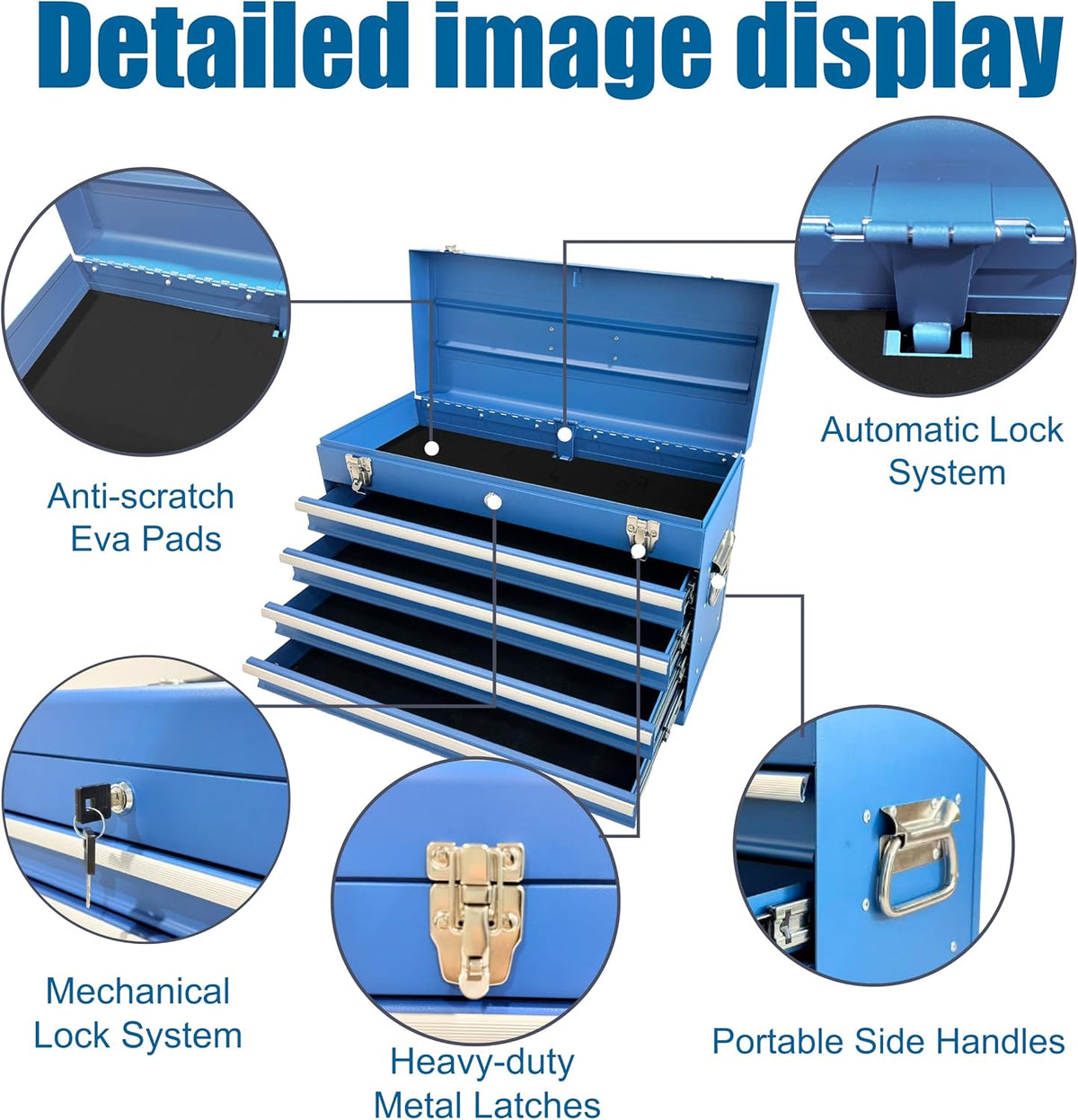 4 Drawers Metal Tool Box, 21" Portable Steel Tool Chest w/Key Lock&Latch Closure, Multi-Function Top Storage Tray Toolbox w/Powder Coating&Ball Bearing Slides (Style 1-4 Drawers - Blue)