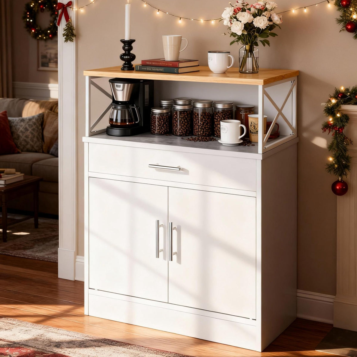 SUNLEI Coffee Bar Cabinet with Storage, Farmhouse Buffet Cabinet with 4 Doors & Adjustable Shelves, Kitchen Sideboard Cabinet for Coffee Station, Dining Room, Living Room & Home, White