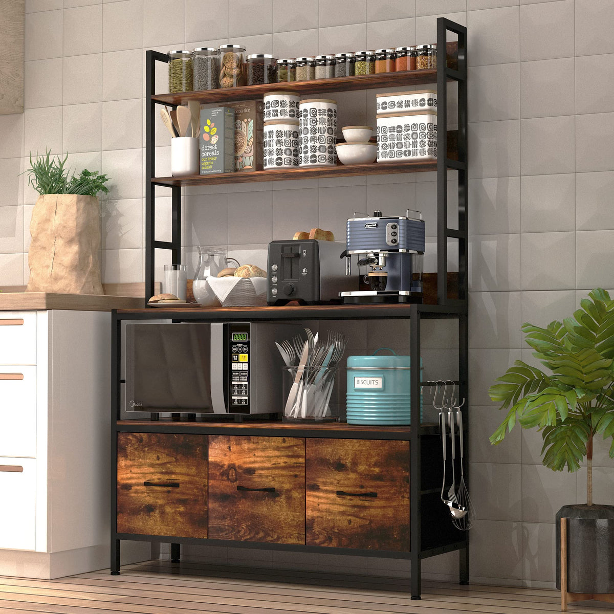 Kitchen Bakers Rack with Baskets,5-Tier Free Standing Storage Shelf Rack,Industrial Microwave Oven Stand,Metal Kitchen Rack Organizer with Hooks(Black)