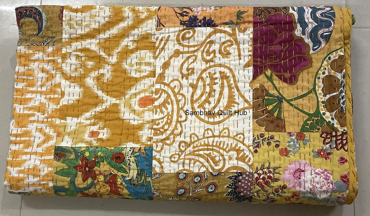 Traditional Handblock Print Multi Floral Assorted Cotton Patchwork Kantha Quilt Home Decorative Handmade Patch Quilted King Size Bohemian Bedding Throw Blanket Vintage Quilt (Yellow, 108X108 inches)
