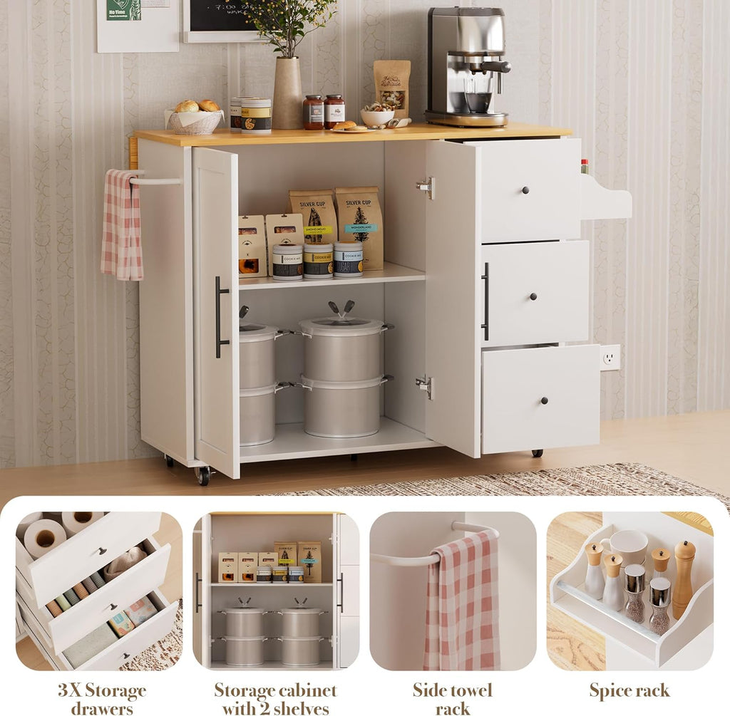 GRUSIGN 49.6" Kitchen Island on Wheels with Storage-Multifunctional Kitchen Island Cart with Drop Leaf, Rolling Island with Spice/Towel Rack,Expandable Island Table Kitchen,White