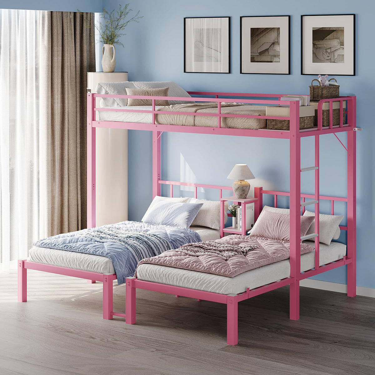 Bonnlo Bunk Bed Twin Over Twin for Kids/Teens/Adults Heavy Duty 2 Decker Bed with Flat Ladder and 13 inches High Guardrail, Metal Space Saver Bed with Stairs, Black