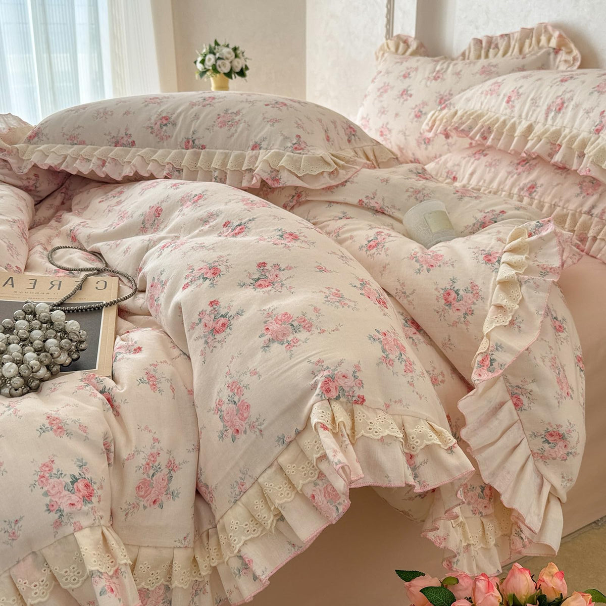 Floral Duvet Cover Set Muslin Cotton Queen(90"x90"),Pink Flower