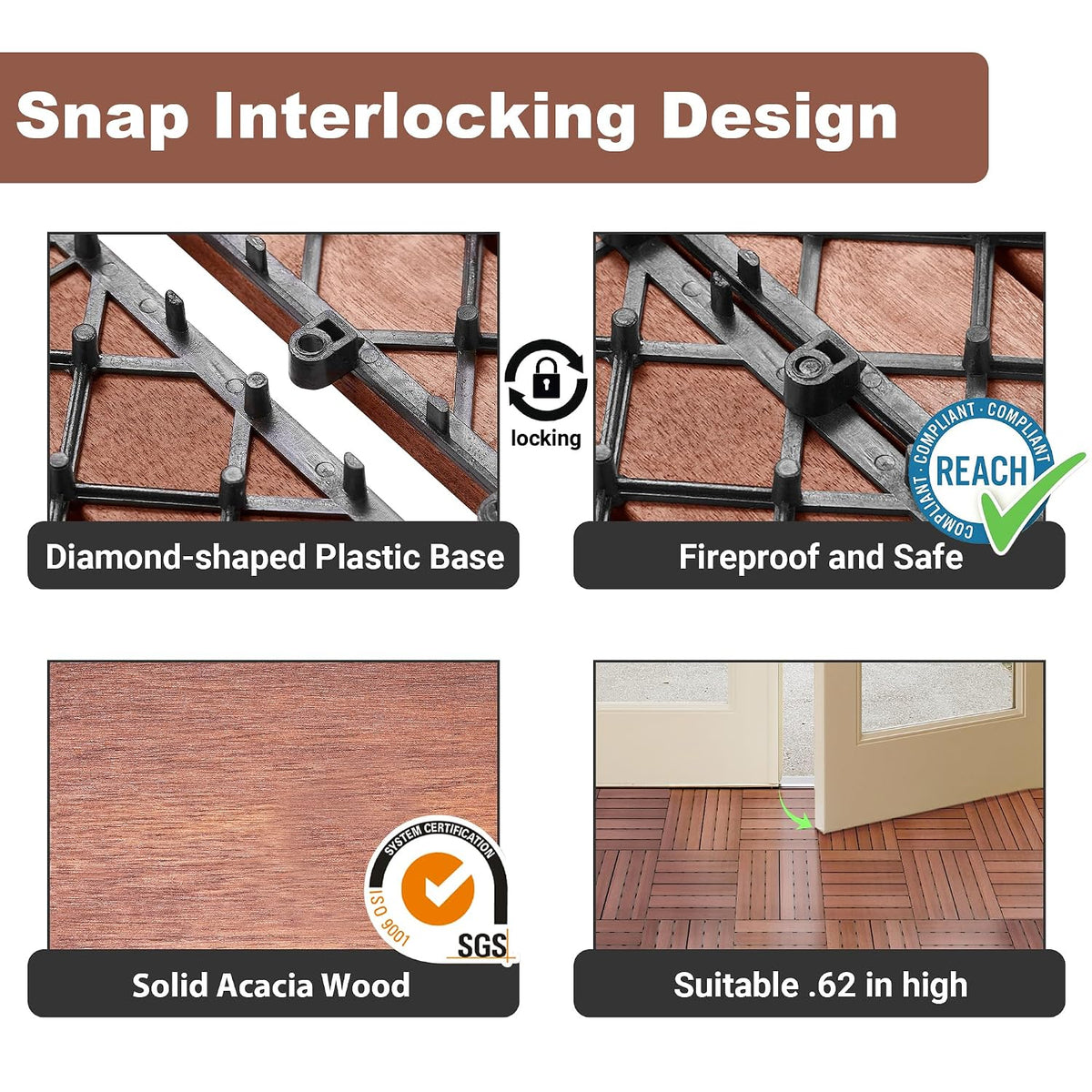 PrimeZone 54 PCS Solid Acacia Wood Interlocking Deck Tiles Outdoor, Brown