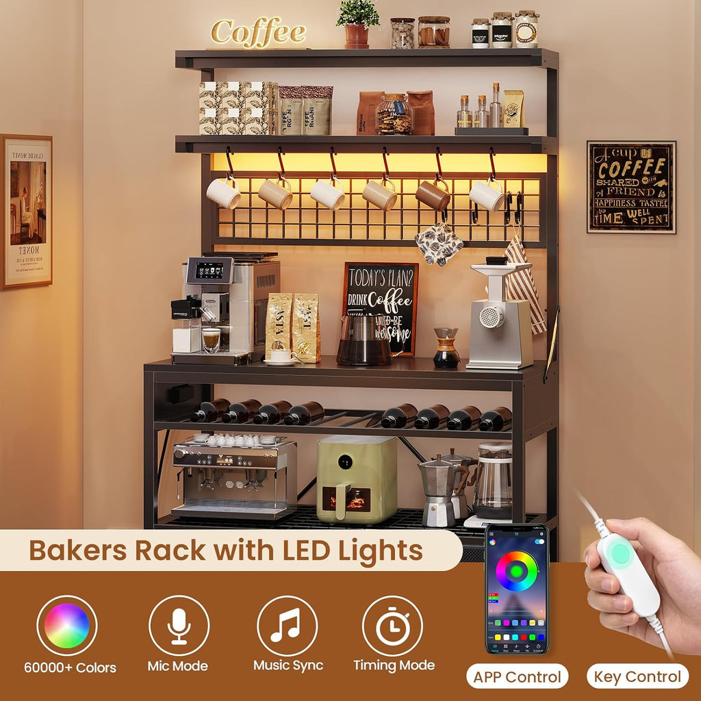Itaar Bakers Rack with Storage and Power Outlet, 35.4 inch Coffee Bar Cabinet, Microwave Stand Kitchen Cabinet with Hutch, LED Lights, Wine Rack and Hooks (Black)