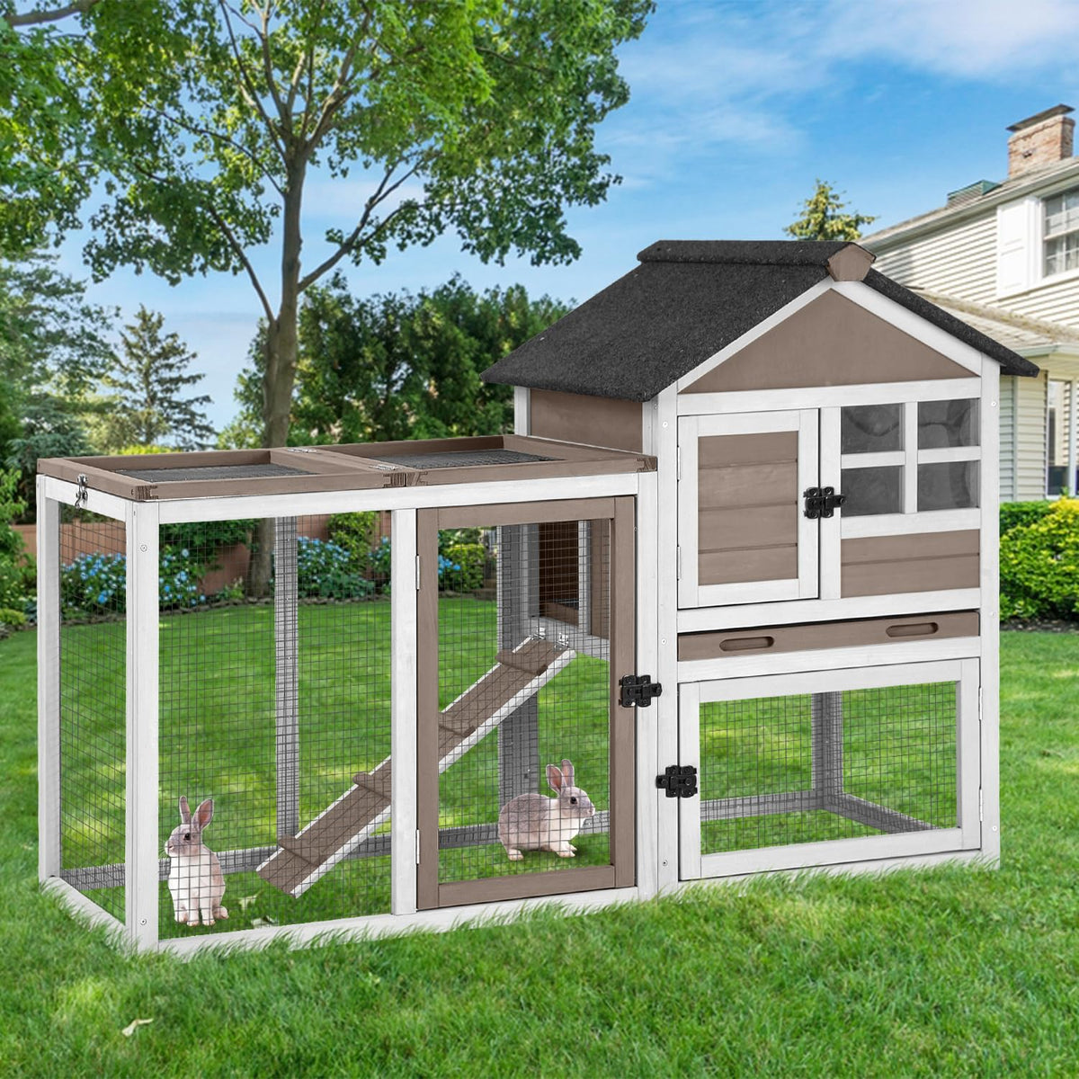 GUTINNEEN 2-Story Rabbit Hutch with Chew-Proof Full Metal Frame for Indoor/Outdoor - 62" Bunny Cage with 6 Locking Casters & 2 Pull-Out Trays for Rabbits, Guinea Pigs, Small Pets (Brown)