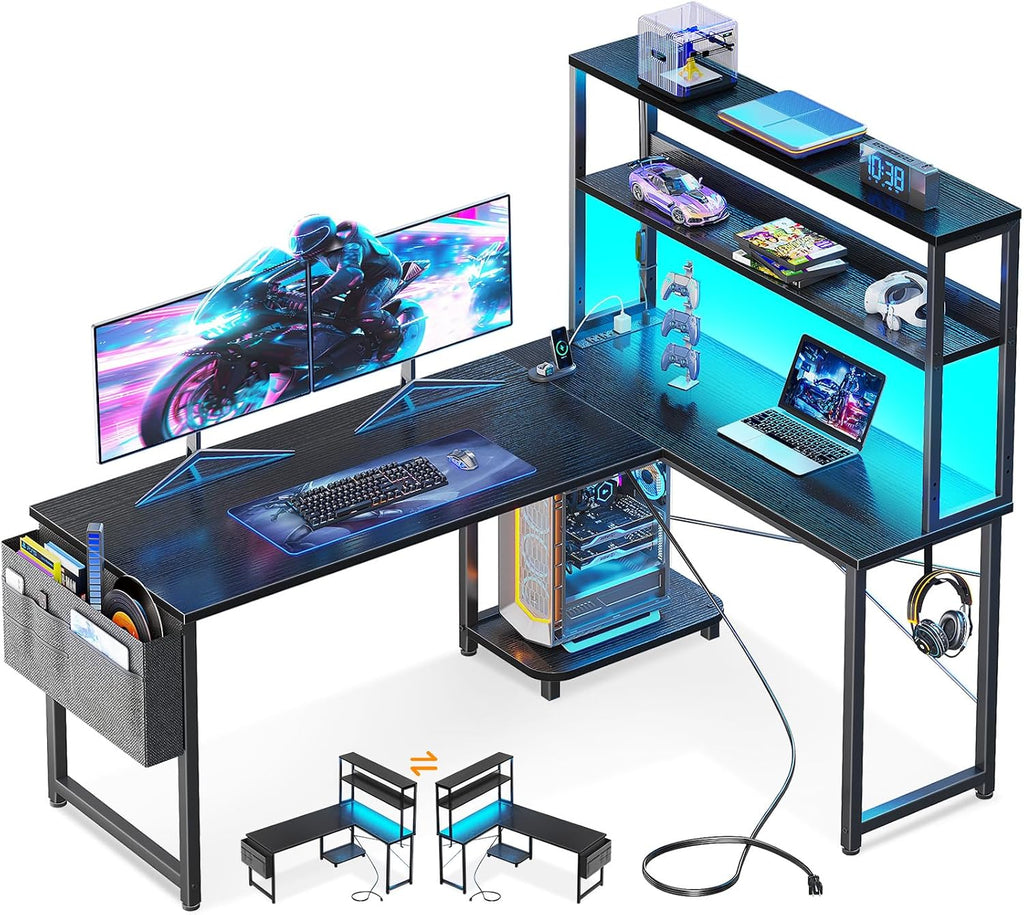 Casaottima L Shaped Gaming Desk with Hutch & Power Outlet & LED Lights