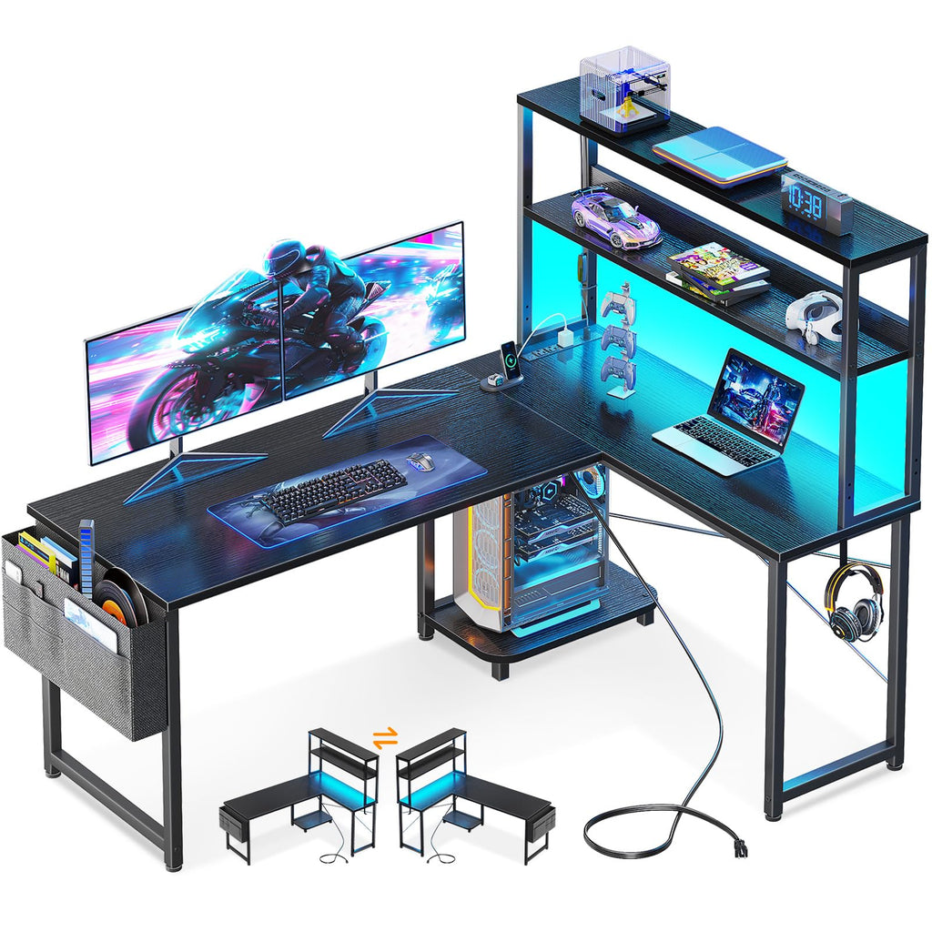 Casaottima L Shaped Gaming Desk with Hutch & Power Outlet & LED Lights