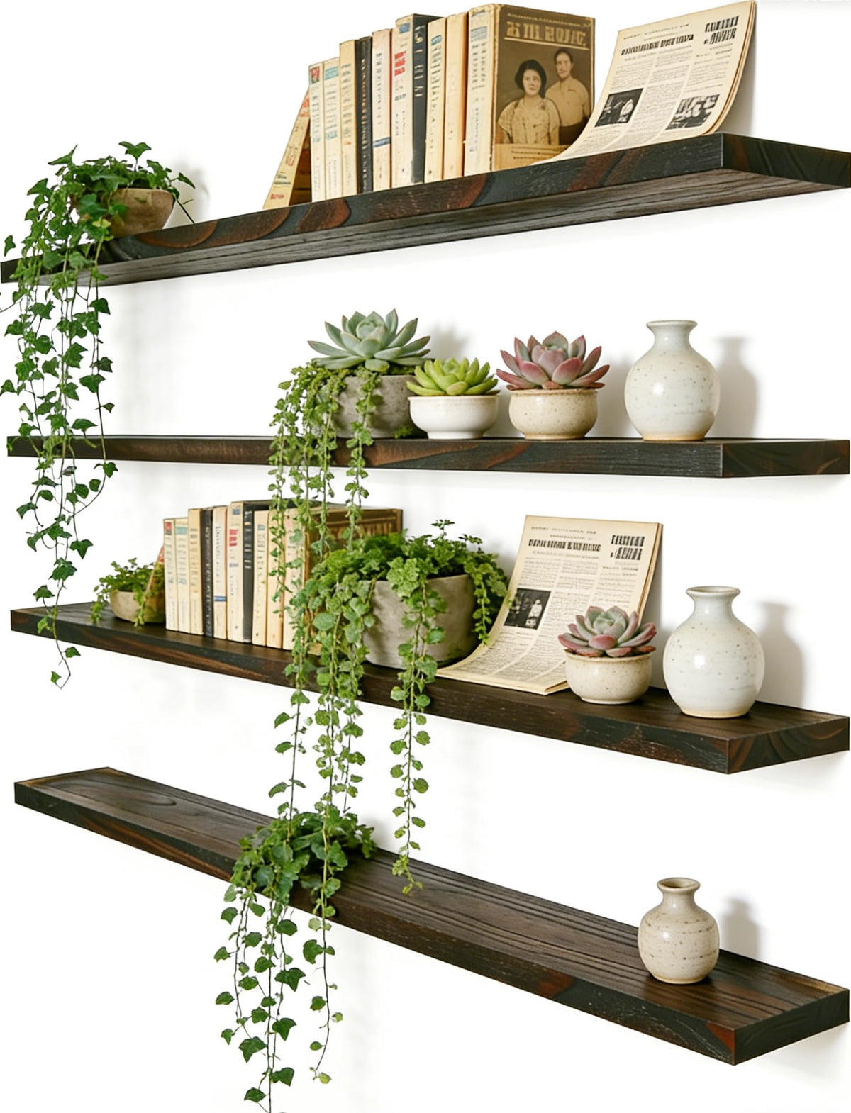 48 Inch Rustic Wood Floating Shelves Farmhouse Wooden Wall Shelves for Bathroom Bedroom Living Room Kitchen Office Set of 4 Light Brown
