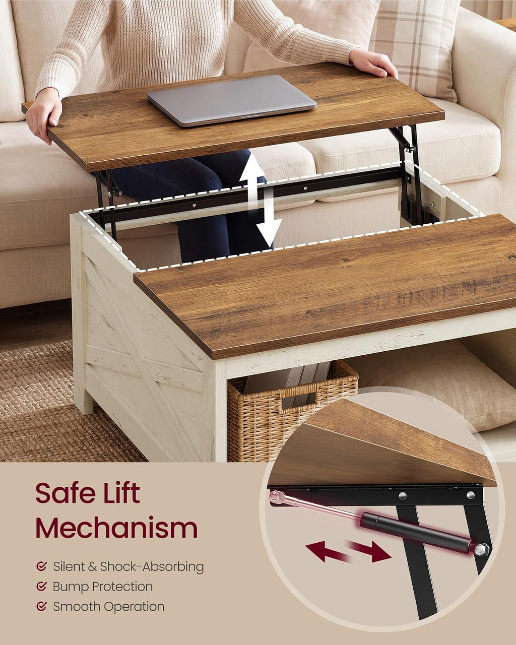 VASAGLE Lift Top Coffee Table, Square Farmhouse Coffee Table with Storage