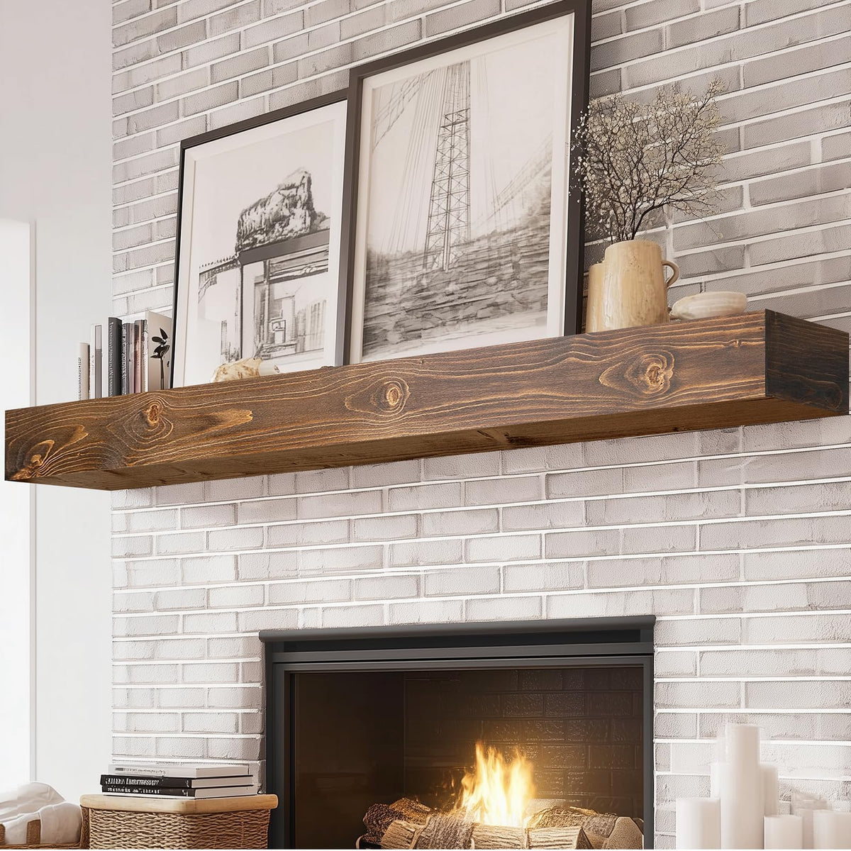 60x8x3in Rustic Fireplace Mantel Pine Wood, Weathered Brown