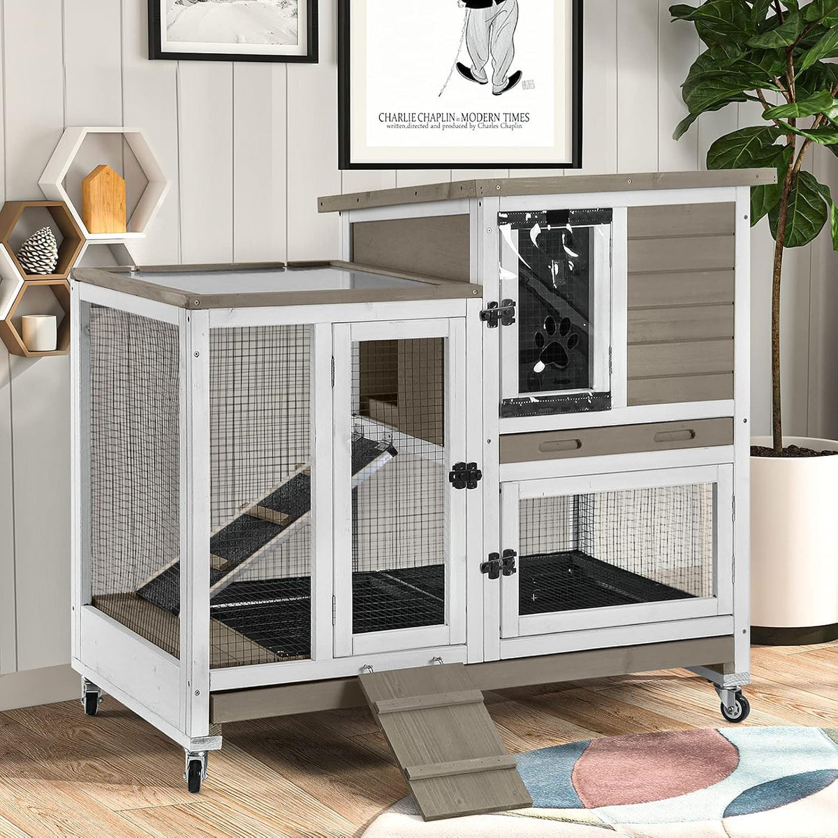 GUTINNEEN Wooden Duplex Rabbit Cage on Wheels with Chew-Proof Ramp, Grey