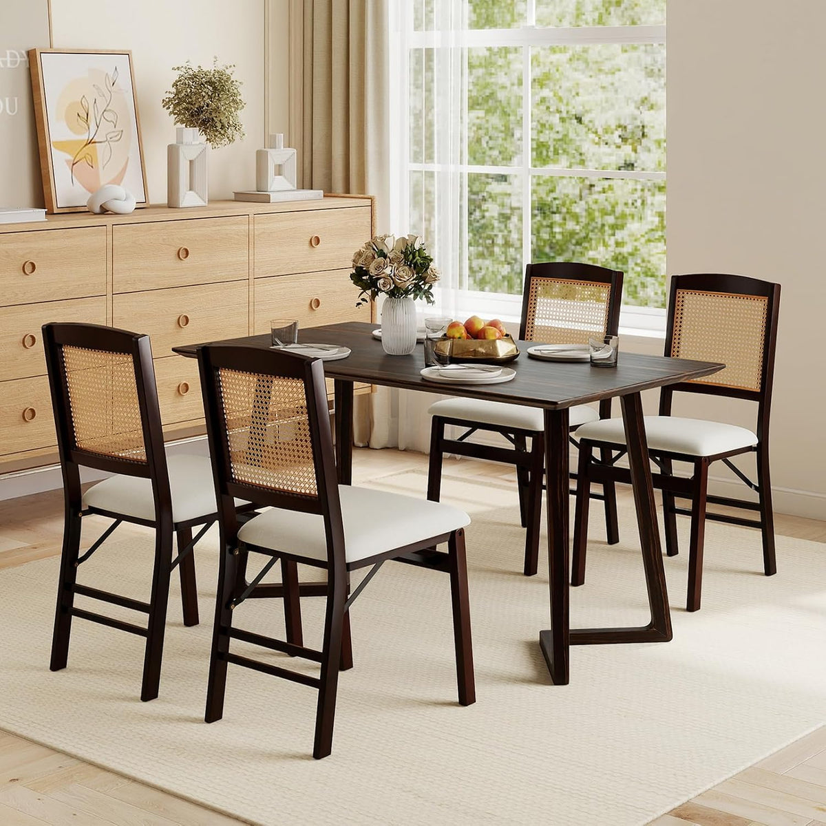 COSTWAY Folding Chairs Set of 4 w/Rattan Backrest & Padded Seat (Espresso)
