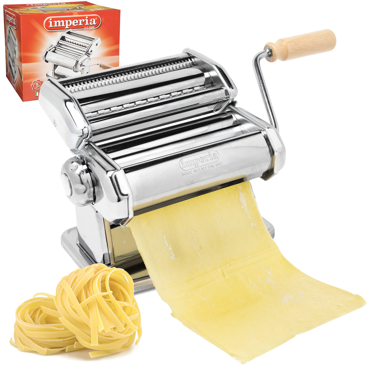 Imperia IPasta Classic Line. Pasta Machine 100% Made in Italy. Fresh pasta machine in steel. Manual roller with crank. Creates dough sheets for Lasagne, Tagliolini, Fettuccine. (End of line)