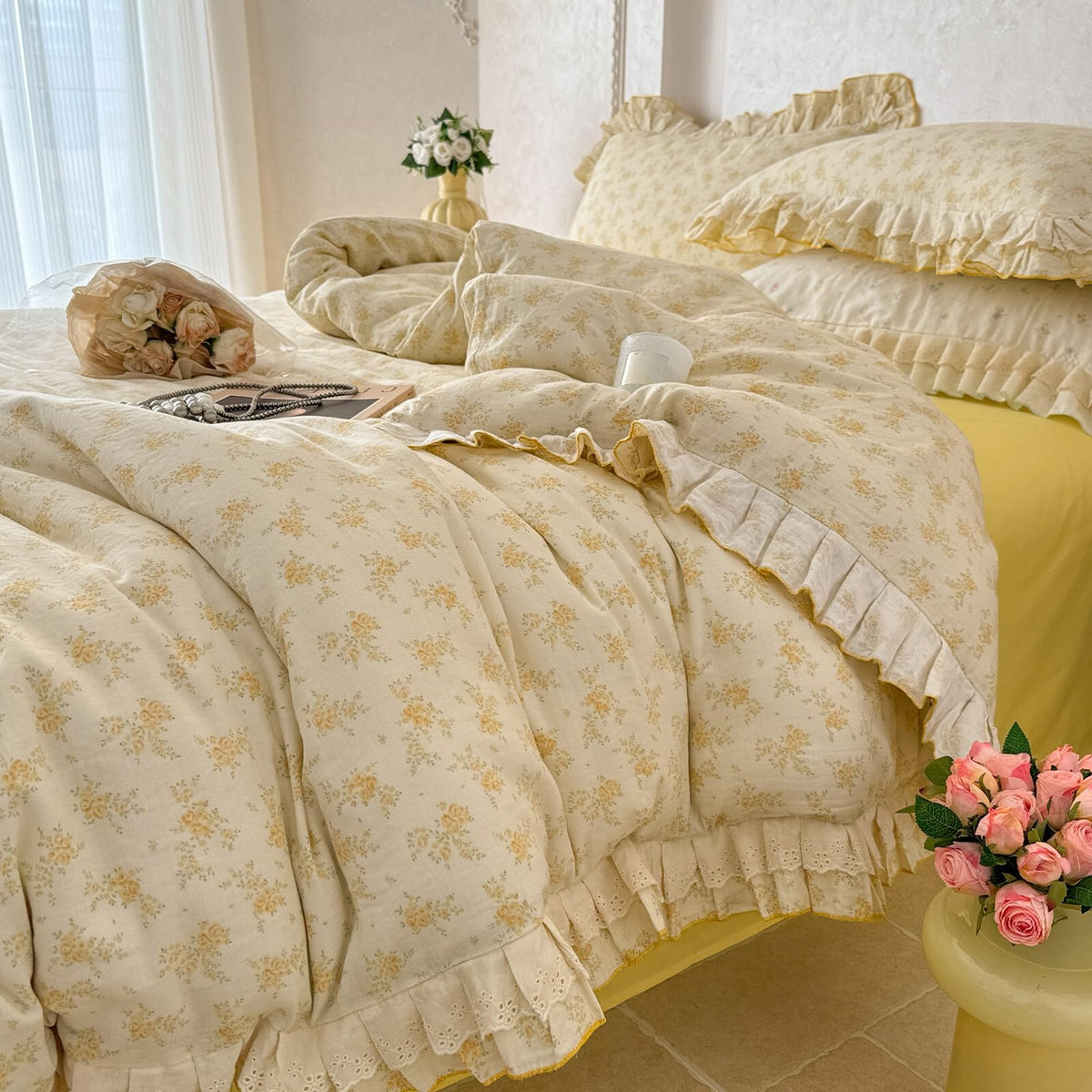 Floral Duvet Cover Set Muslin Cotton Queen(90"x90"),Pink Flower