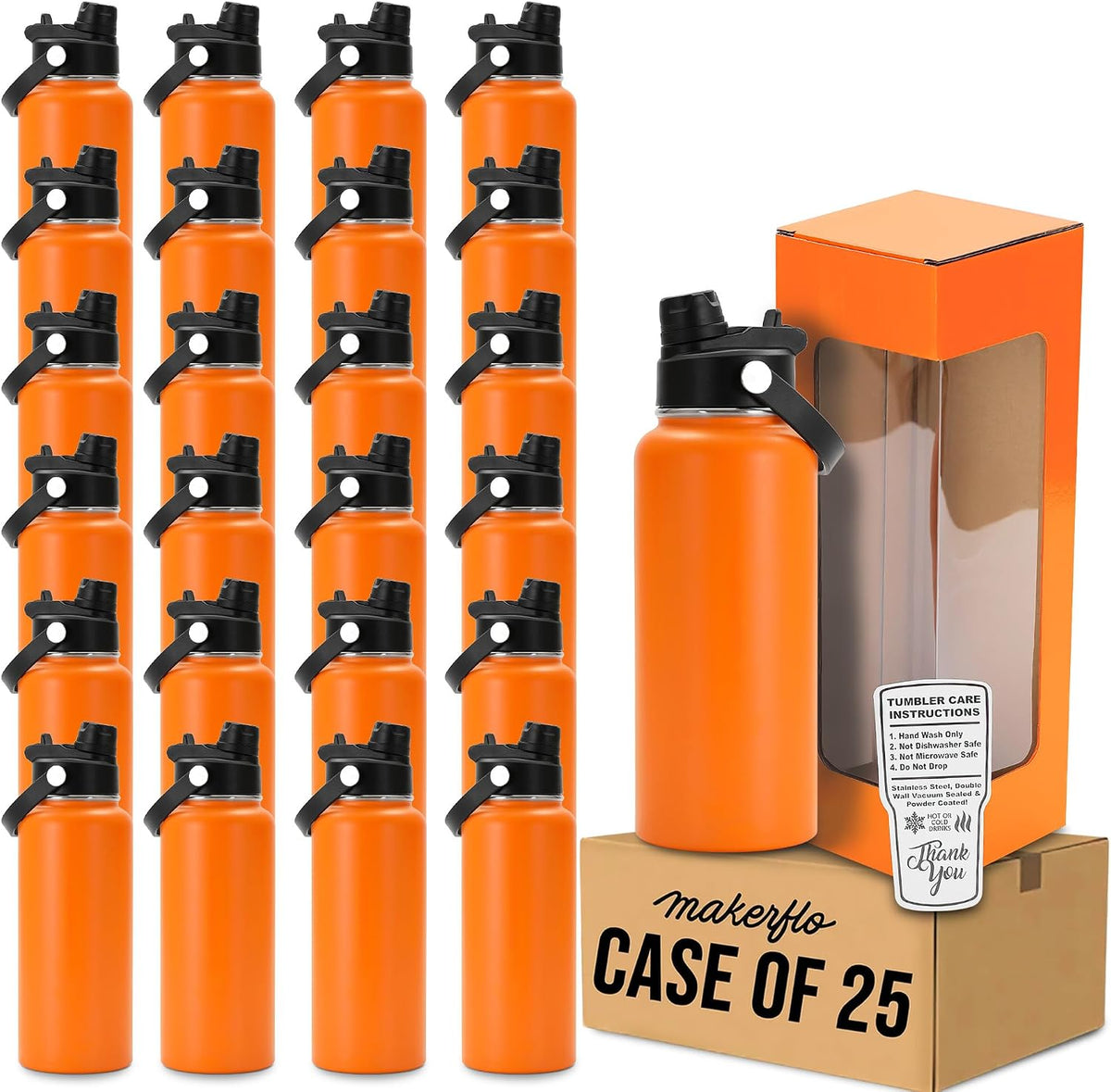 makerflo 32oz Powder Coated Hydro Water Bottle Blanks, Orange, Case of 25