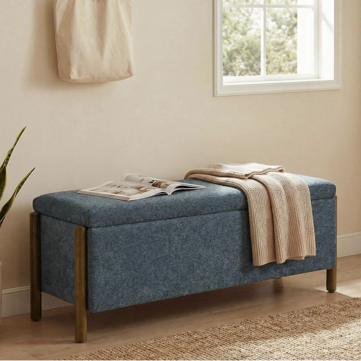 Usaint 47" Fabric Upholstered End of Bed Storage Ottoman Bench, Beige