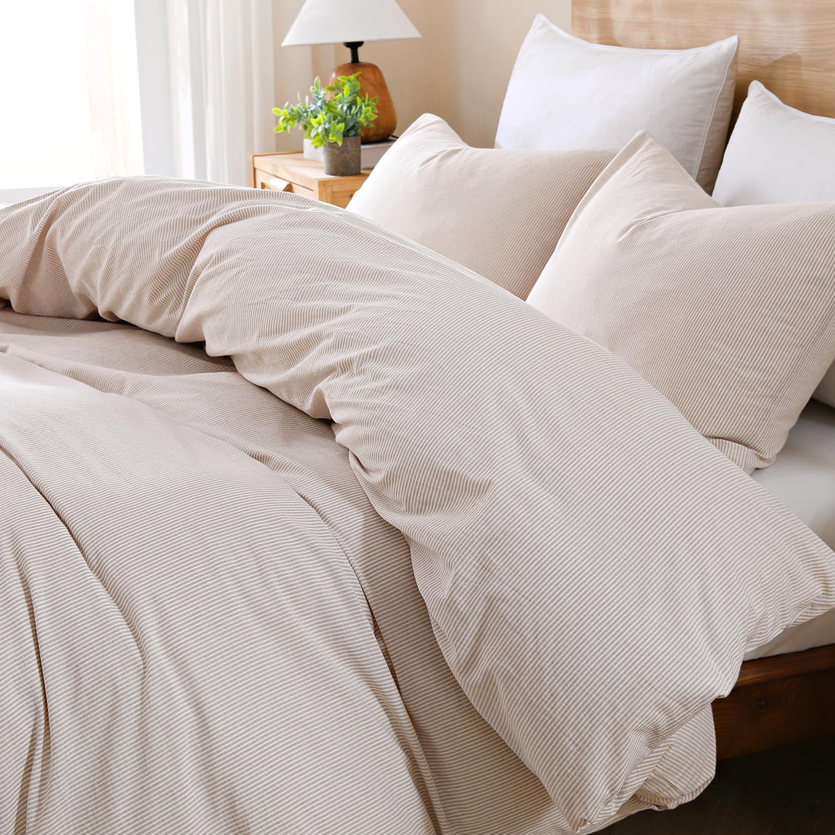 TOCOMOA Tan Gingham Duvet Cover Set Washed Cotton Like Linen, Cal King