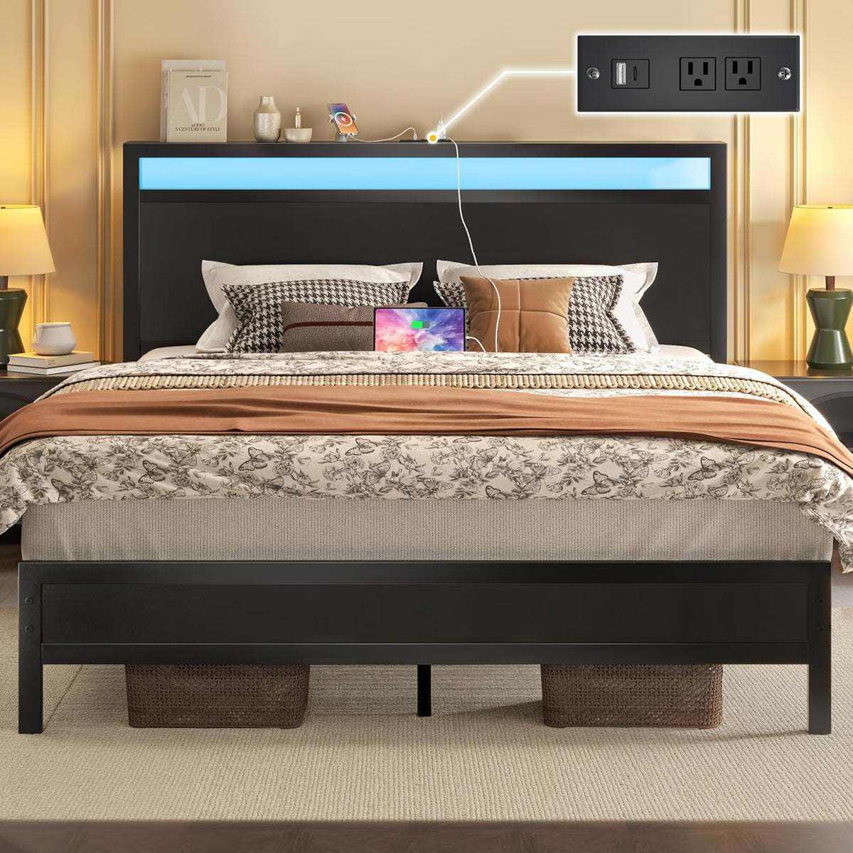 Fluest Queen Bed Frame with Headboard & Footboard, Bed Frame with Built-in Charging Station & LED Light, Storage Shelf, Noise-Free, No Box Spring Needed, Easy Assembly, Classic Black