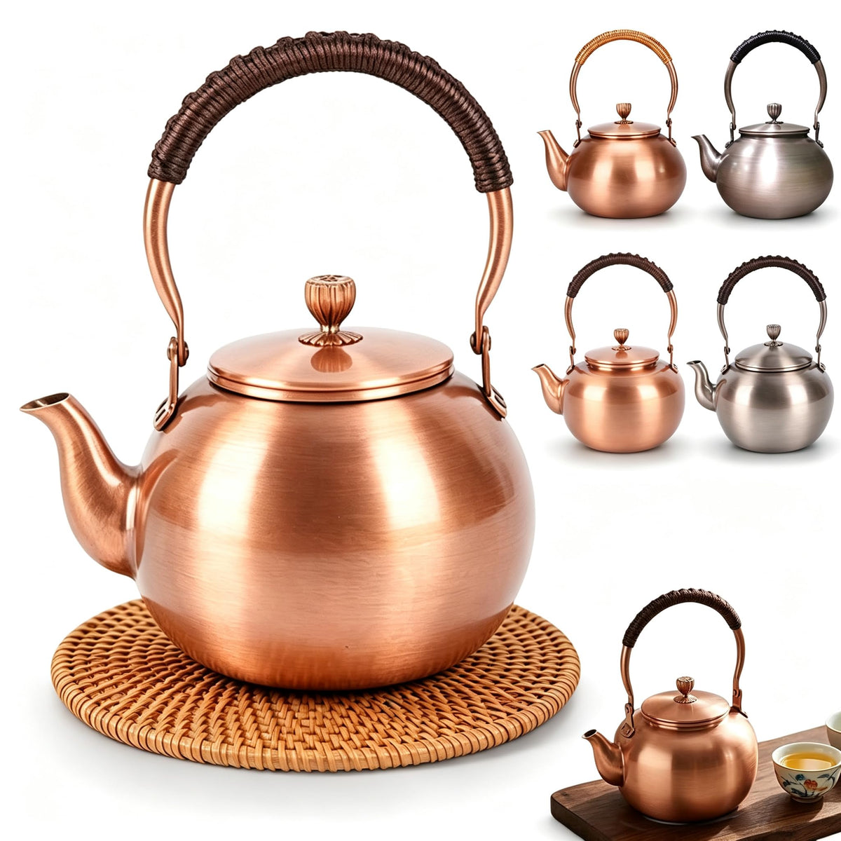 Handmade Copper Kettle 1200ML, Copper Stovetop Tea Kettle, Handmade Solid Copper Teapot with Stay-Cool Grip, Fast Boiling Gas Stove for Tea Ceremony Home Kitchen Use (1.1L-B)