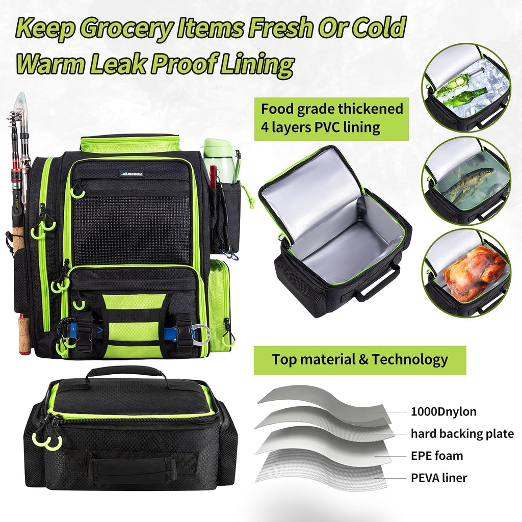 Fishing Backpack with Cooler for 3 Tackle Boxes Fishing Bag with Rod Holder