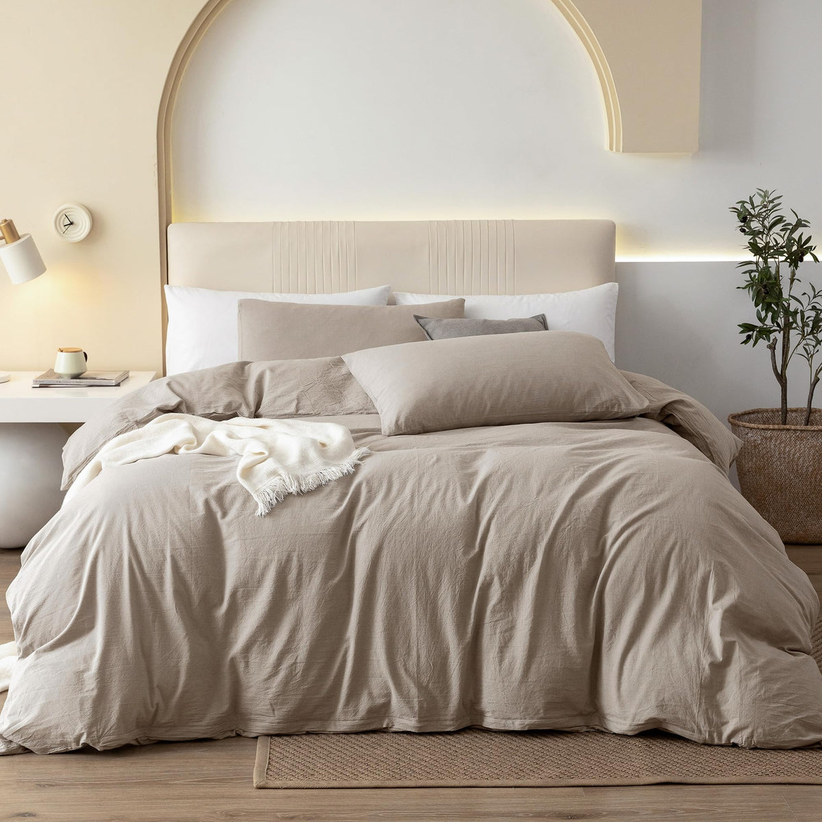 JIYUAN Queen Washed Cotton Duvet Cover Set, 3-Piece, Relaxed Linen Feel