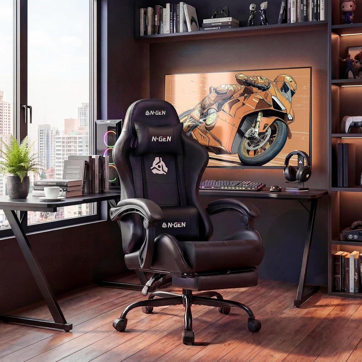N-GEN GAMING Gaming Chair with Footrest, Lumbar, High-Back, All Black