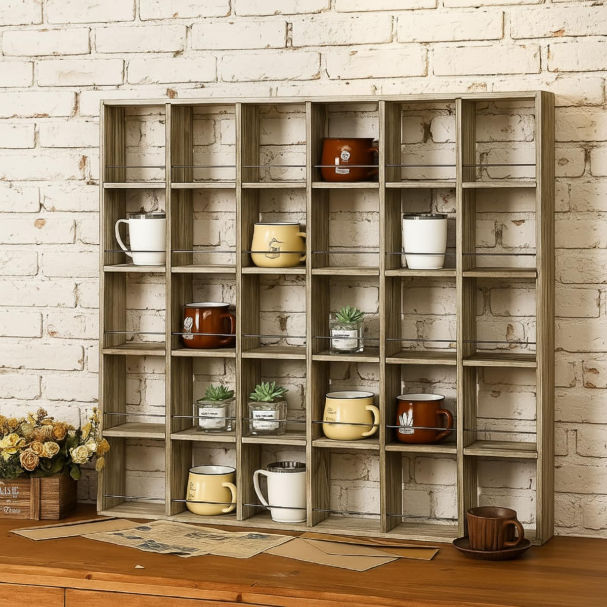 Kigley Oversize Coffee Mug Display Rack Wooden Shelves Rustic Shot Glass Display Case Travel Mug Shelf Wall Mounted Rack Holder Shadow Box(5 x 6,Dark Brown)