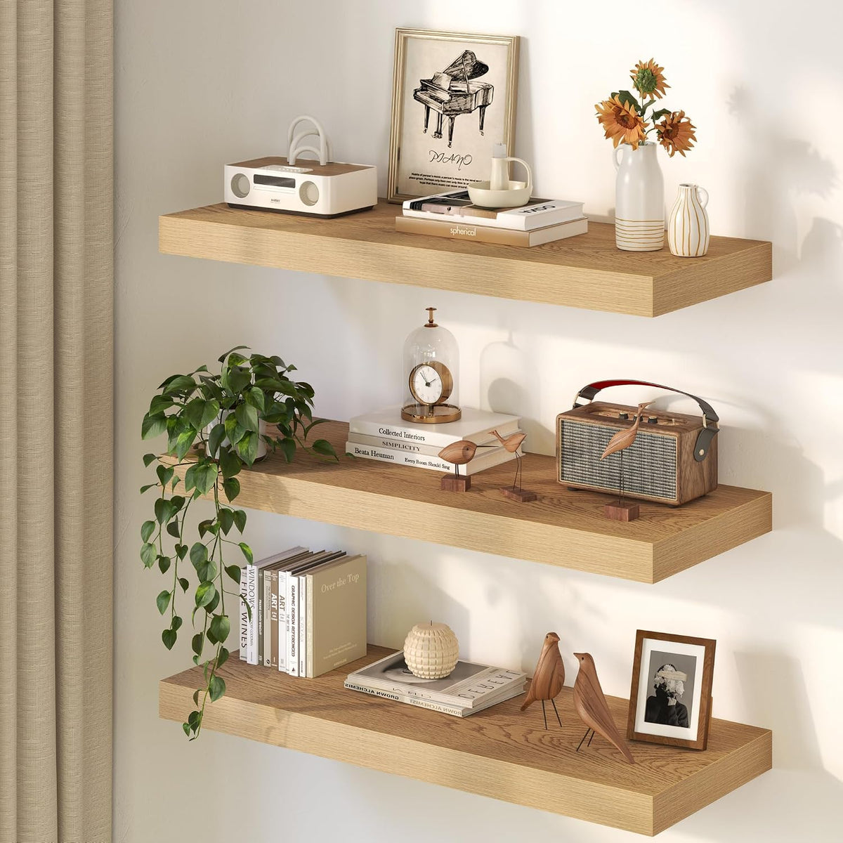 30Inch Oak Floating Shelves for Wall, 12 Inch Deep Shelves for Bedroom, Kitchen, Bathroom Wall Mounted, Rustic Wood Floating Shelf with Invisible Brackets for Books, Storage, Decor, 2 Packs