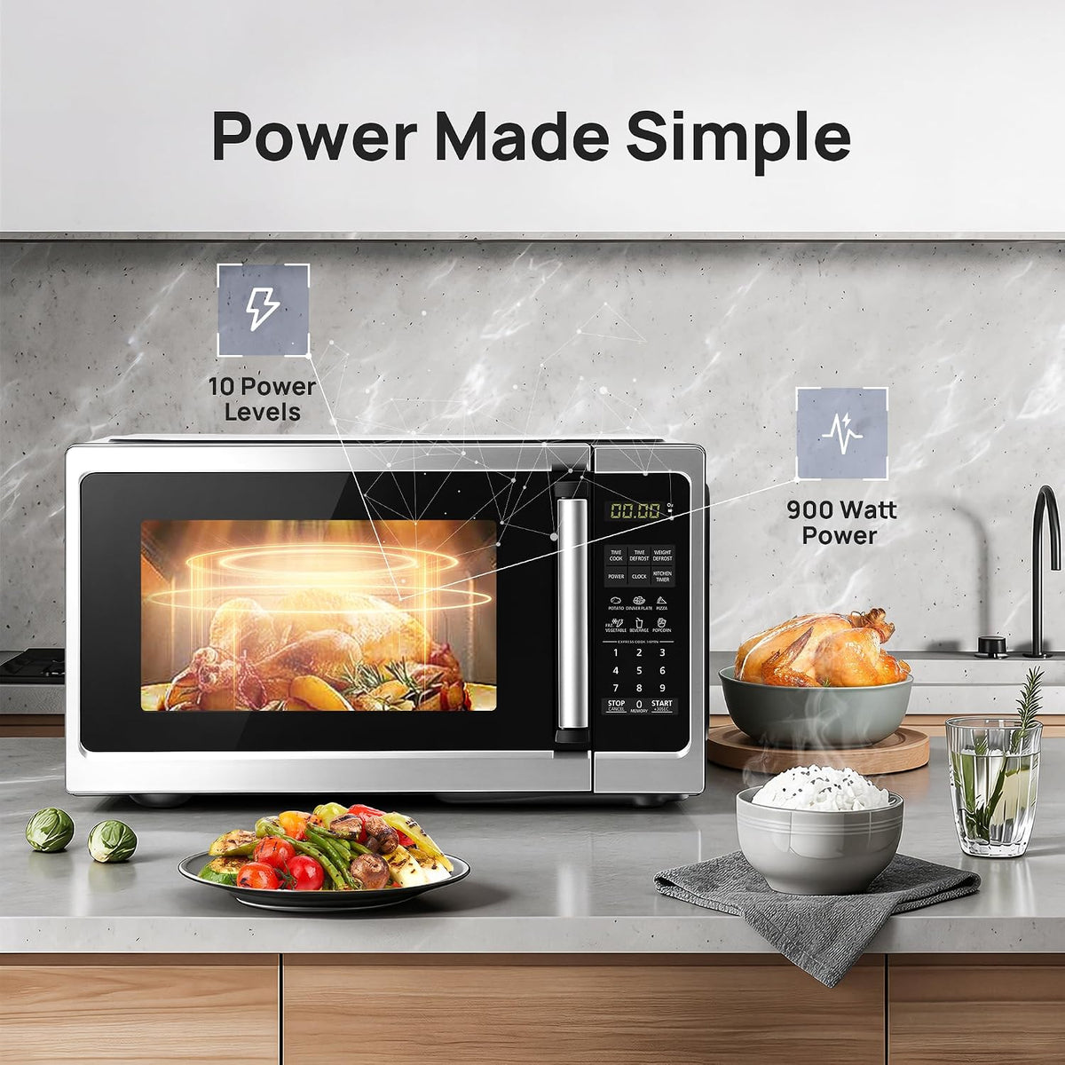 Countertop Small Microwave Oven 0.9 Cu. Ft, 900W Compact Microwave with LED Lighting, 6 Auto Menus, Turntable, Child Lock, Easy-Clean, Memory for Kitchen, Home, Dorm Essentials, Stainless Steel