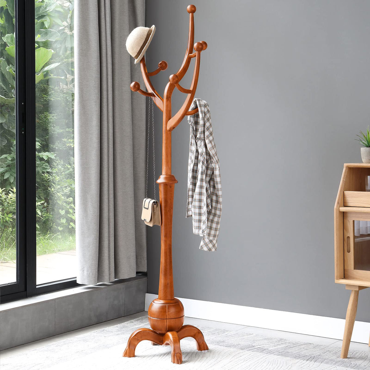 Bekrvio Coat Rack Freestanding Wood Coat Tree Rack with 8 Hooks, Walnut