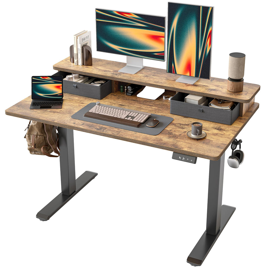 TIQLAB Standing Desk with Two Drawers, Stand Up Standing Desk Adjustable Height, Electric Sit Stand Table with Storage Shelf and Splice Board, with LED Light, 55 * 28 inch, Maple