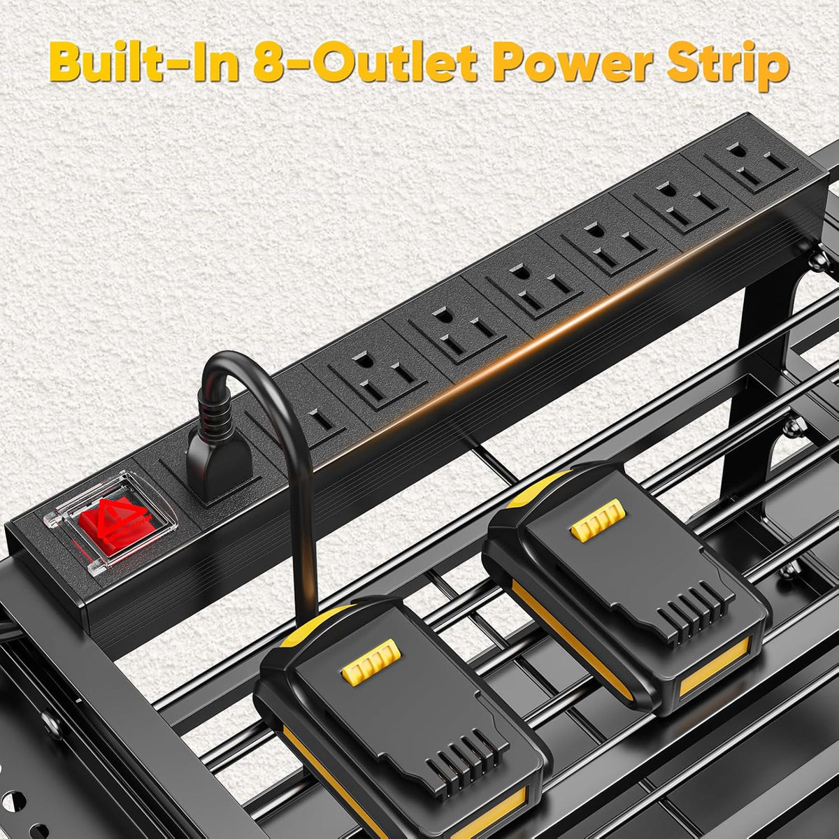 POKIPO Power Tool Organizer Wall Mount with Charging Station, 4 Tier Tool Battery Storage Rack Built in 8 Outlet Power Strip for Garage, 49" W, Black