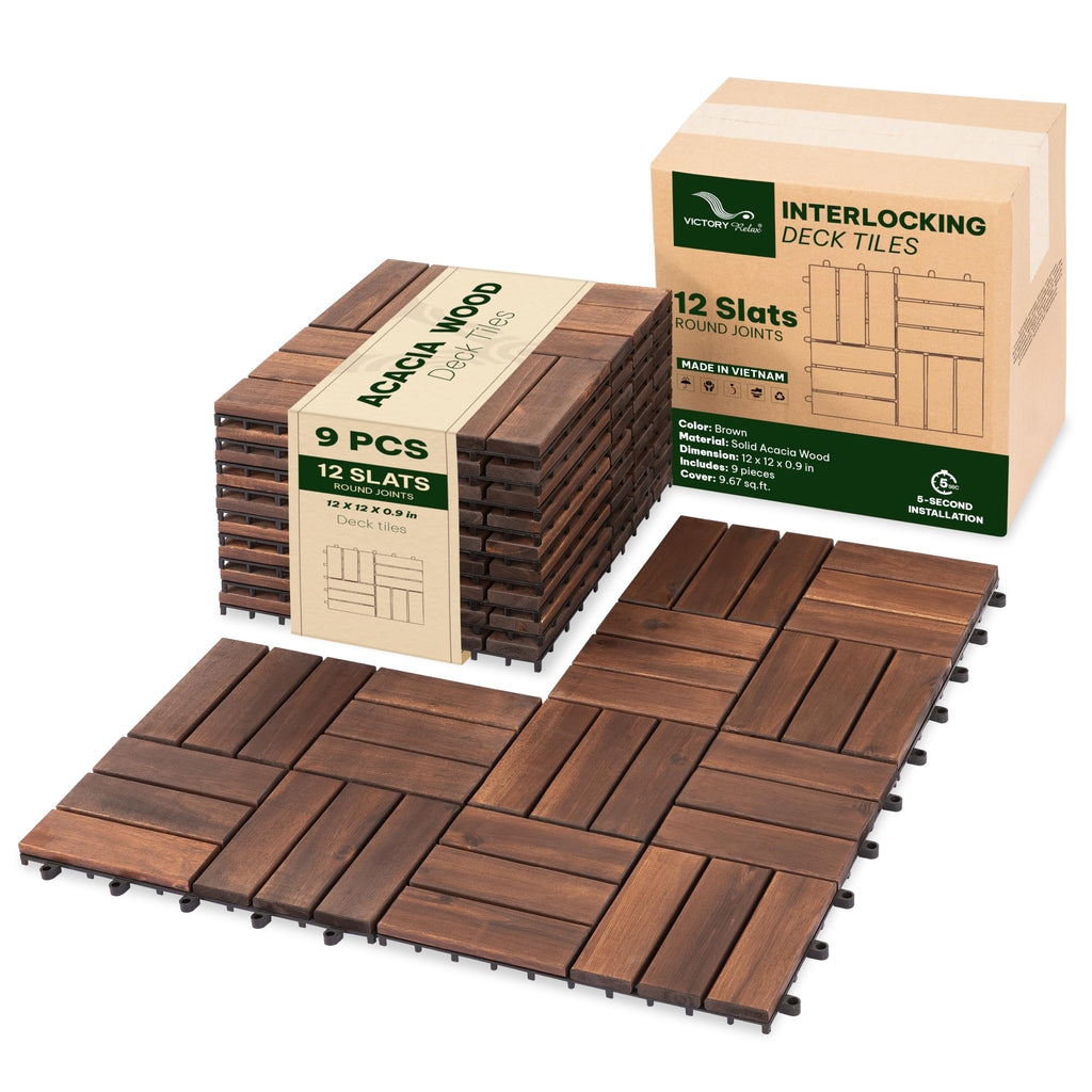 Acacia Interlocking Deck Tiles, 27 PCS Wood Flooring, 12 Slats, Walnut