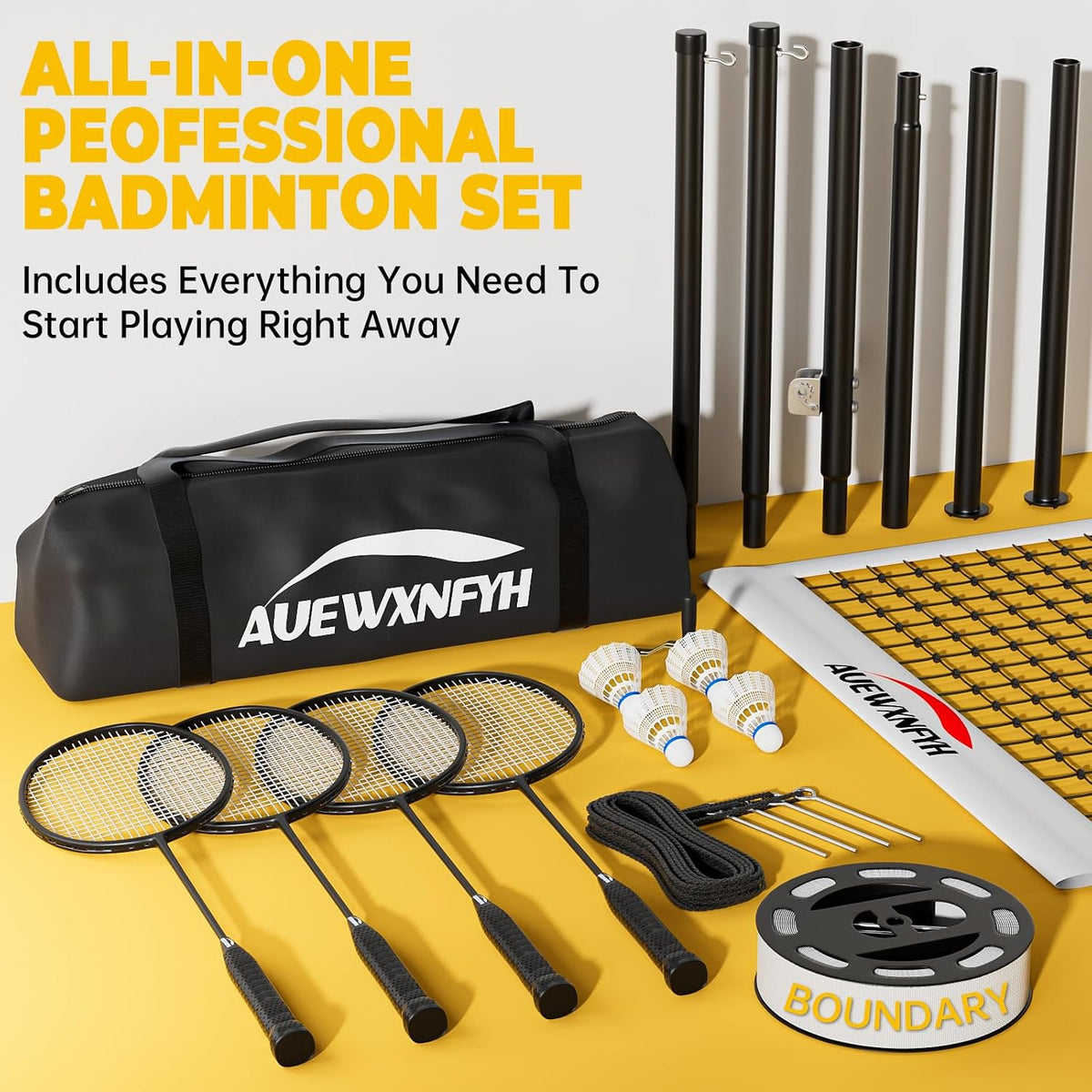 Portable Badminton Set, Heavy-Duty Outdoor Net with 4 Rackets, 3 Shuttlecocks & Boundary Line for Backyard Lawn Beach Family Games