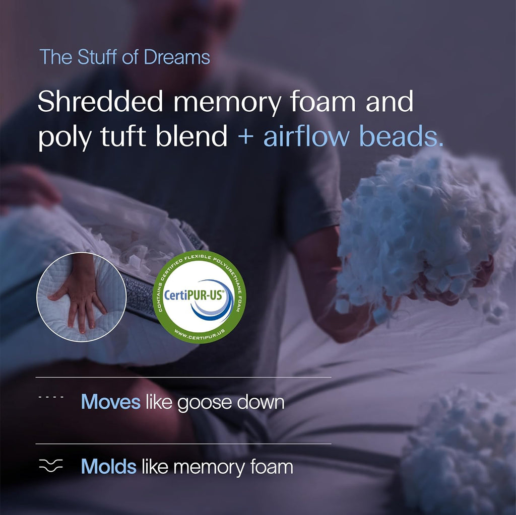DreamyBlue Gusseted Sapphire Pillow, Shredded Memory Foam, Queen