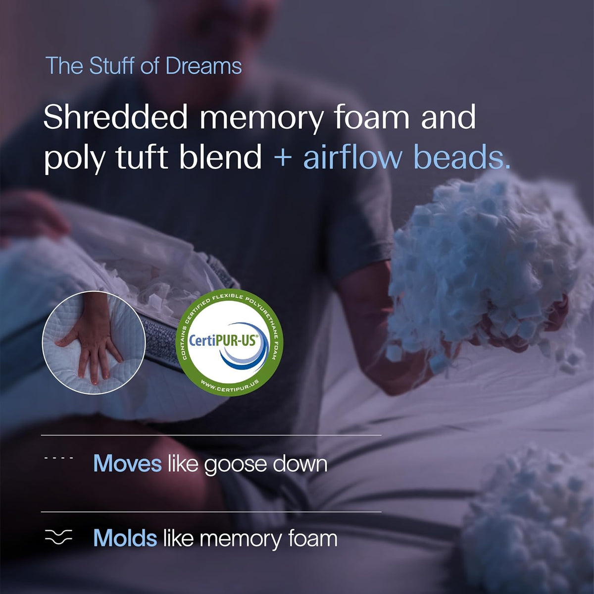 DreamyBlue Gusseted Sapphire Pillow, Shredded Memory Foam, Queen