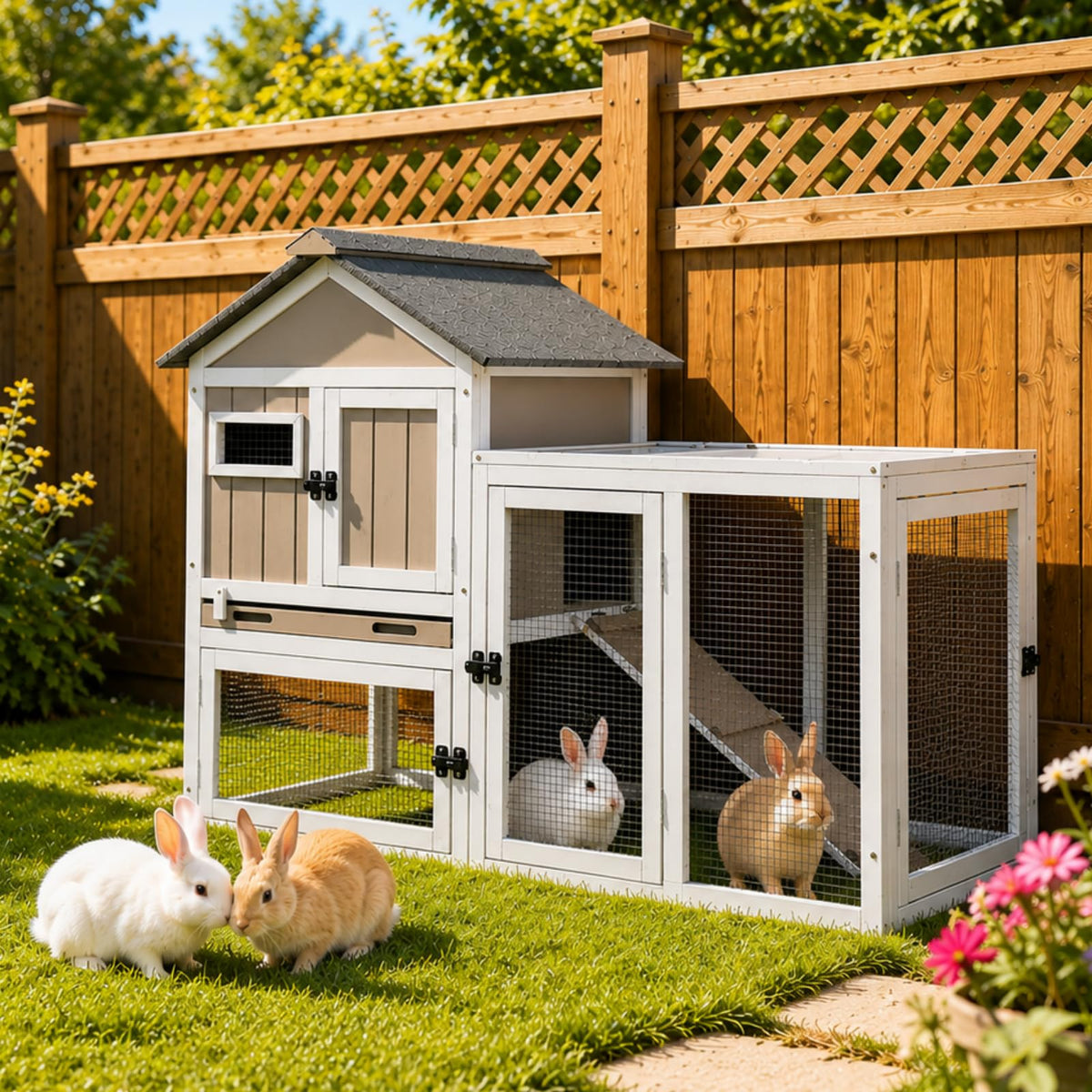 2-Story Rabbit Hutch Indoor & Outdoor, Large Bunny Hutch with 3 Pull-Out Trays, 6 Lockable Wheels, Wooden Rabbit Cage with Asphalt Roof & 6 Accesses for 2-4 Rabbits, Backyard, Home, Patio