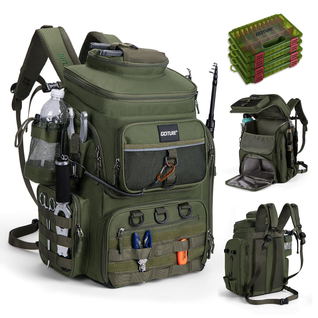 Goture Fishing Backpack with 4 Tackle Boxes,55L Tackle Backpack with Cooler