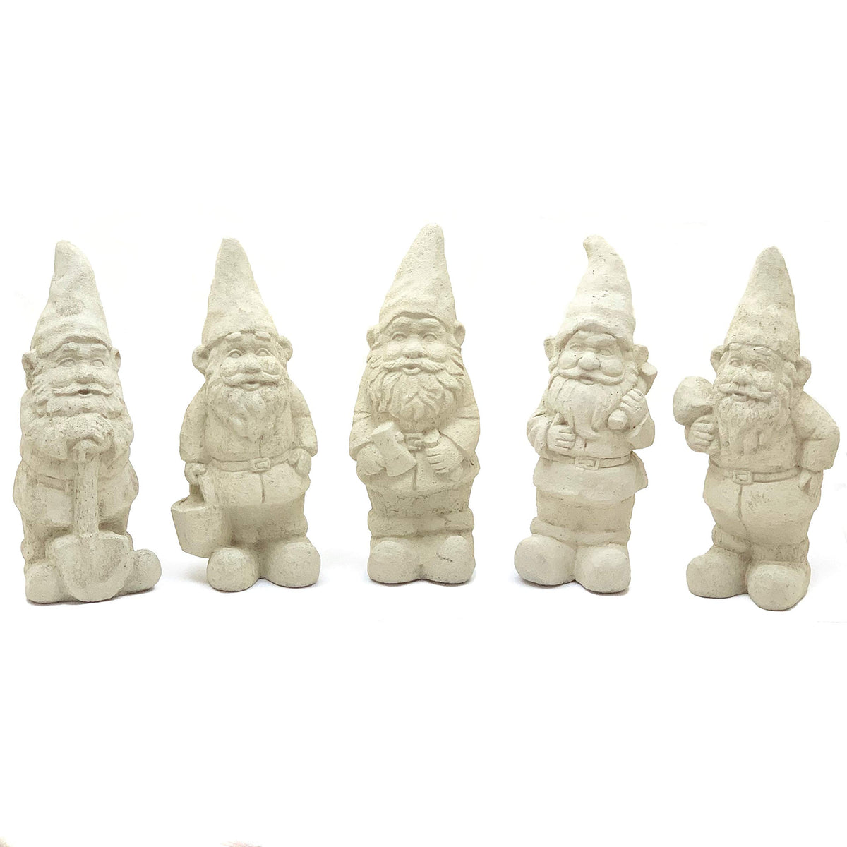 Vintage Garden Gnomes (Set/5): Durable Solid Stone Statues with Aged Texture. Sealed for Outdoor Use. Handcrafted USA. (Classic/Whitish)