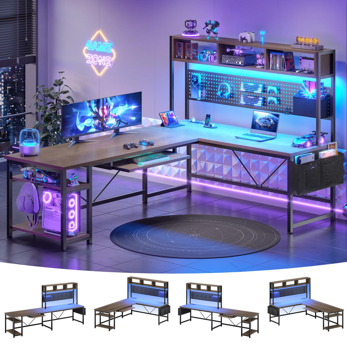 SEDETA 67" L Shaped Gaming Desk with Pegboard LED Lights and Power Outlet