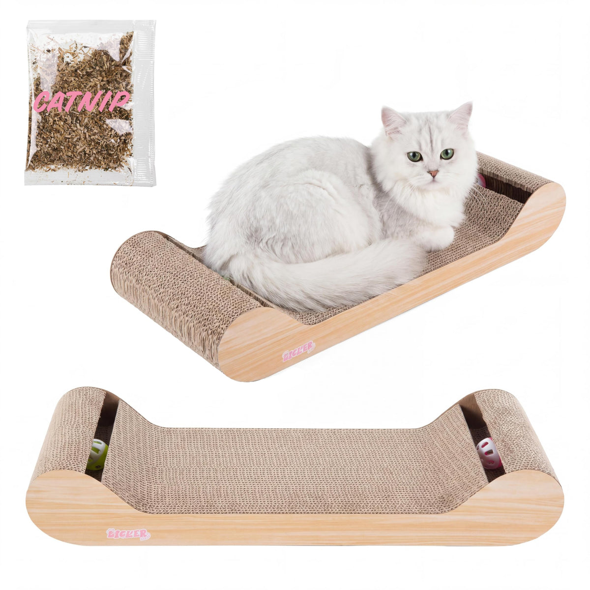 Rini 23.75" Modern Cardboard Cat Scratcher Lounge Bed with Built-in Bell Toys and Catnip, Ergonomic Curved Sofa Design, Oak Wood Finish, Set of 2 CSR1003C-SET2