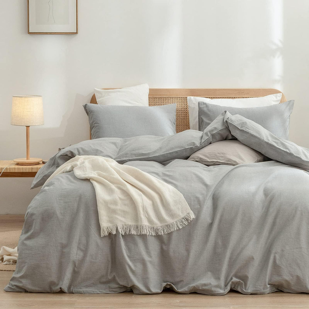BESTOUCH Cotton Solid Duvet Cover Set Linen Feel Cornflower Blue Queen