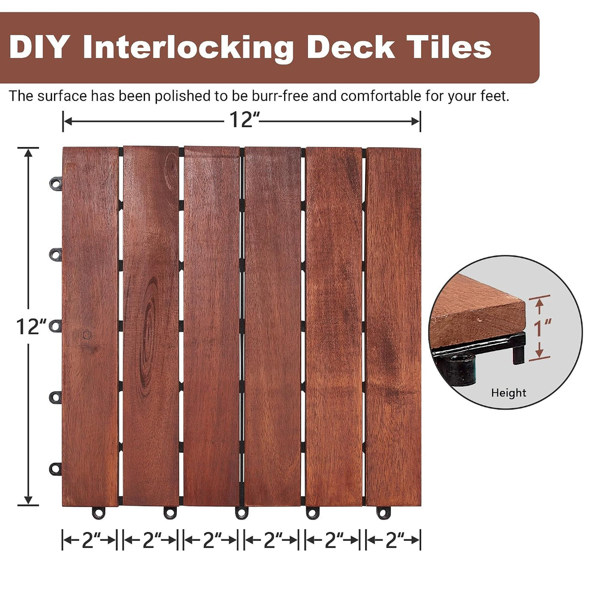 PrimeZone 54 PCS Solid Acacia Wood Interlocking Deck Tiles Outdoor, Brown