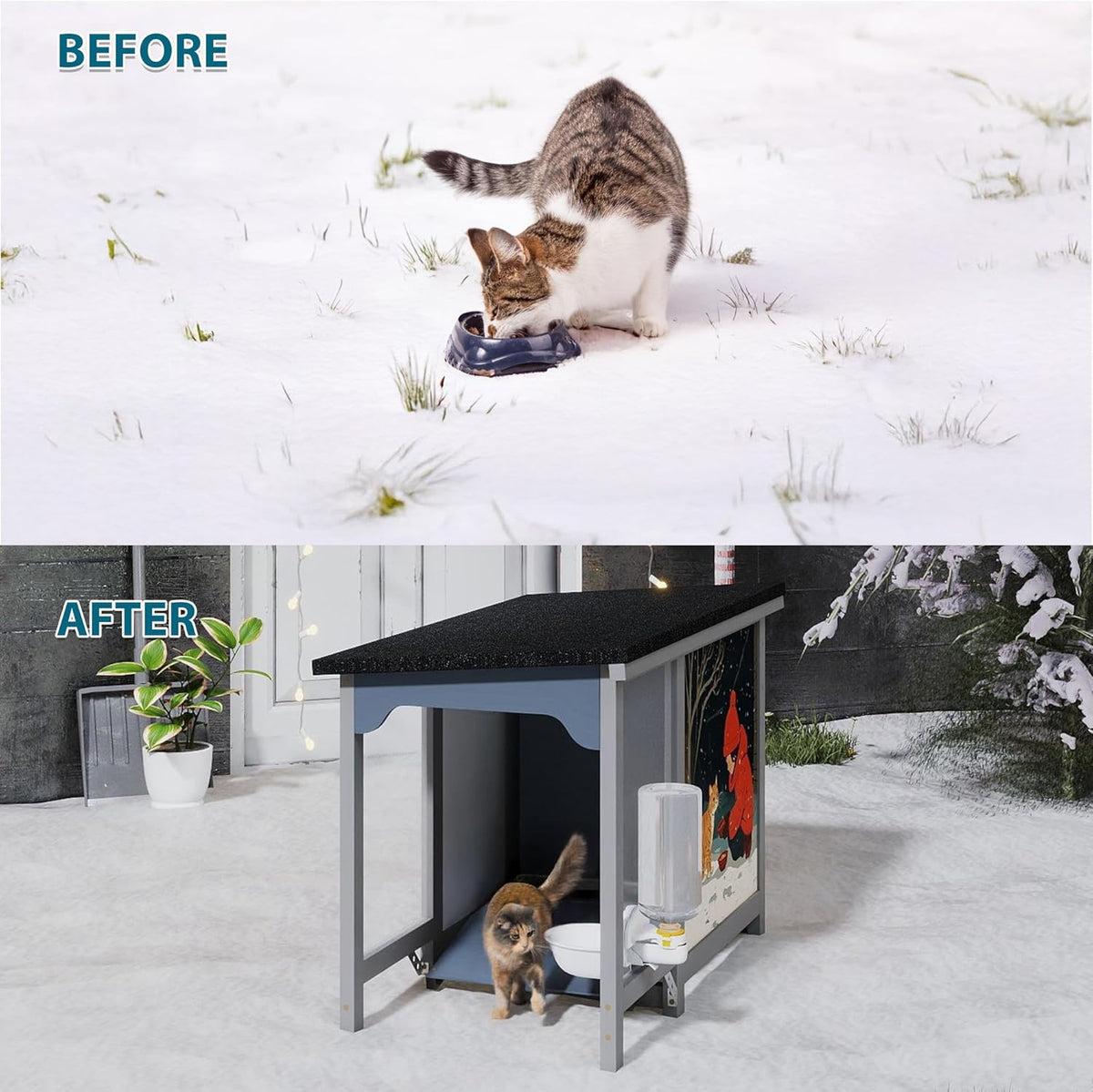 COZIWOW Weatherproof Outdoor Cat Feeding Station with Step-On Lid - 11L Capacity, All-Weather Asphalt Roof & Built-in Water Bottle for Stray Cats (Grey)