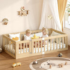 EXPERLAM Twin Montessori Floor Bed with High Guardrails and 2 Door Latch, Solid Wood Toddler Bed Frame with 10 Slats and Supporting keel, Low-to-Floor for Crib-to-Bed Transition, Natural