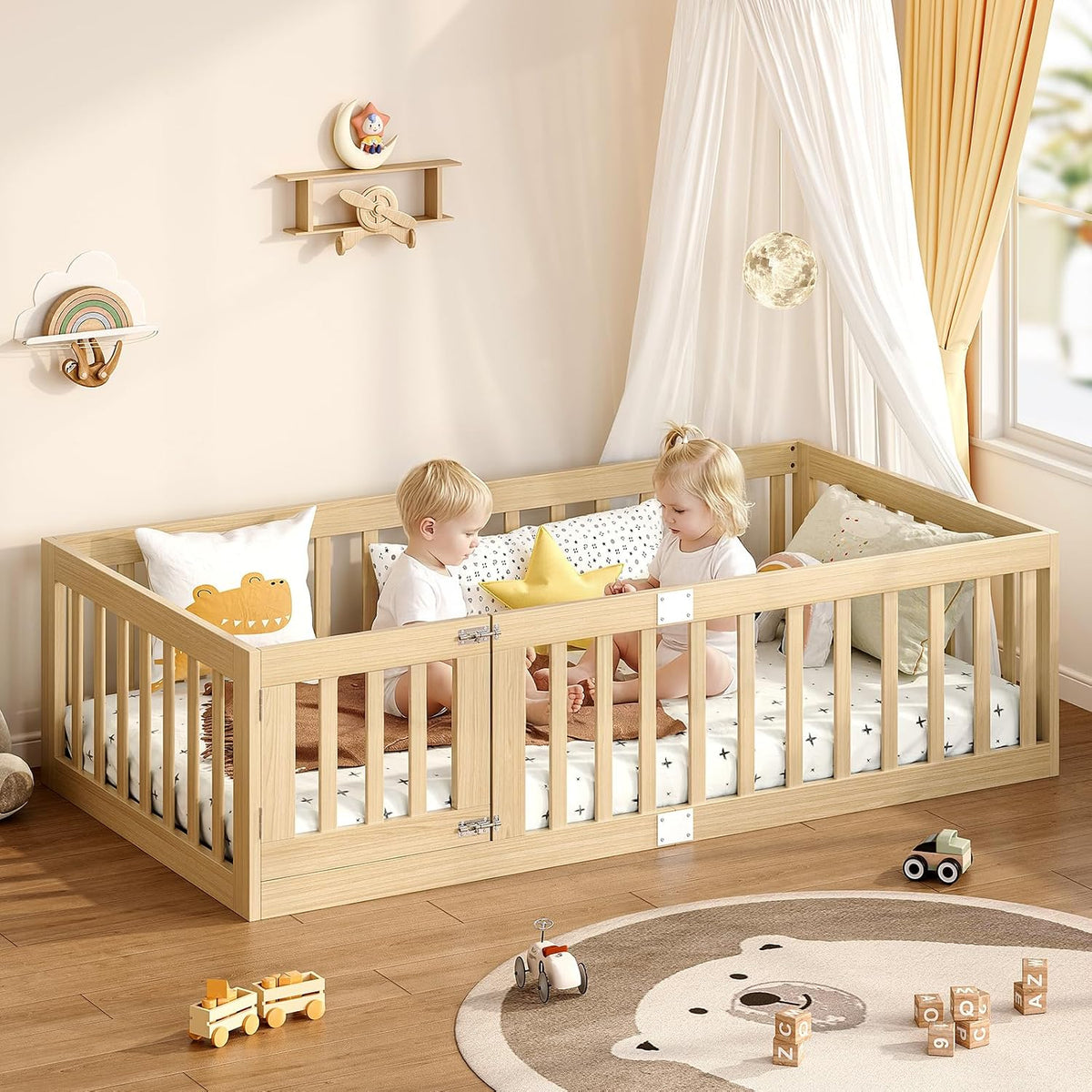 EXPERLAM Twin Montessori Floor Bed with High Guardrails and 2 Door Latch, Solid Wood Toddler Bed Frame with 10 Slats and Supporting keel, Low-to-Floor for Crib-to-Bed Transition, Natural
